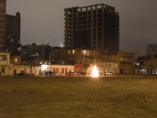 Novruz bonfire in the demolition area. 