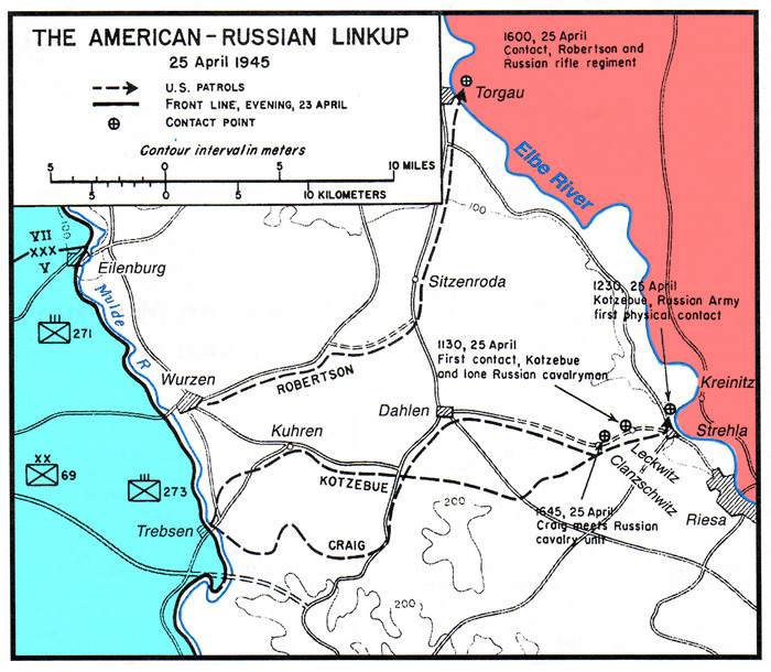 Map of the three Elbe Day link ups. Source: The Fighting 69th Infantry Division Website.